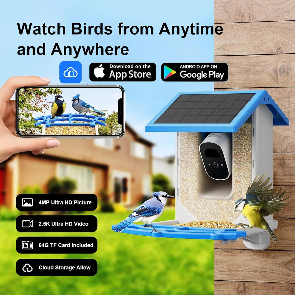 Treebirdy Smart Bird Feeder Camera, 4MP 2.5K HD, 64GB TF Card, Solar Powered
