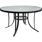 Hanover Lavallette 5-Piece Patio Dining Set With Ocean Blue Chairs, 52-Inch Round Glass Table, 9-Ft Umbrella And Base