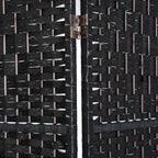 6 Ft Tall Four-Panel Wicker Weave Room Divider, Black Wood Privacy Screen