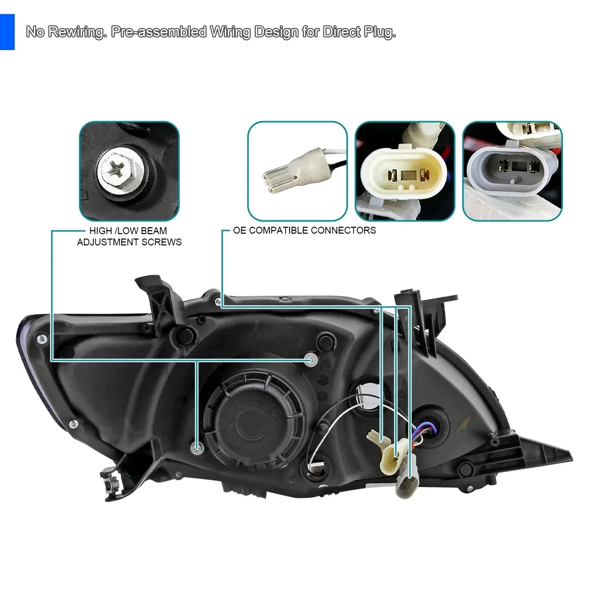 Spec-D Tuning Black Projector Headlights With LED Strip, Left And Right Pair - Toyota Corolla 2011-2013