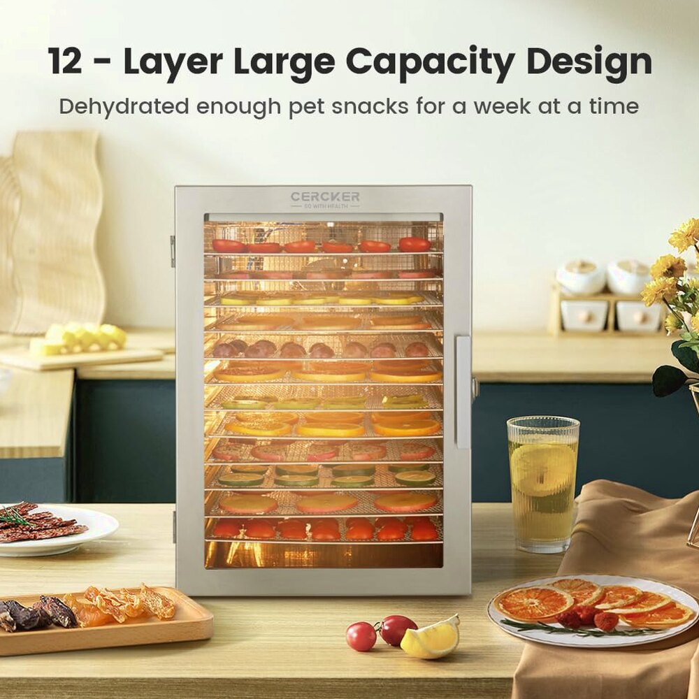 Cercker Food Dehydrator Machine With 12 Stainless Steel Trays
