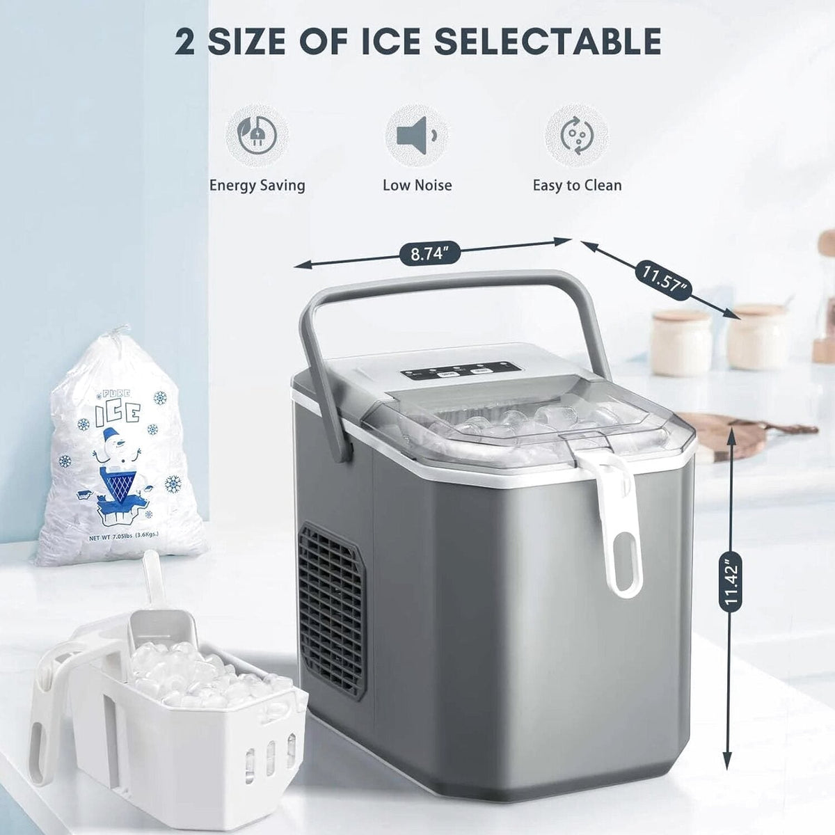 Countertop Portable Ice Maker With Carry Handle, Self-Cleaning, 26.5lbs/24Hrs, Grey