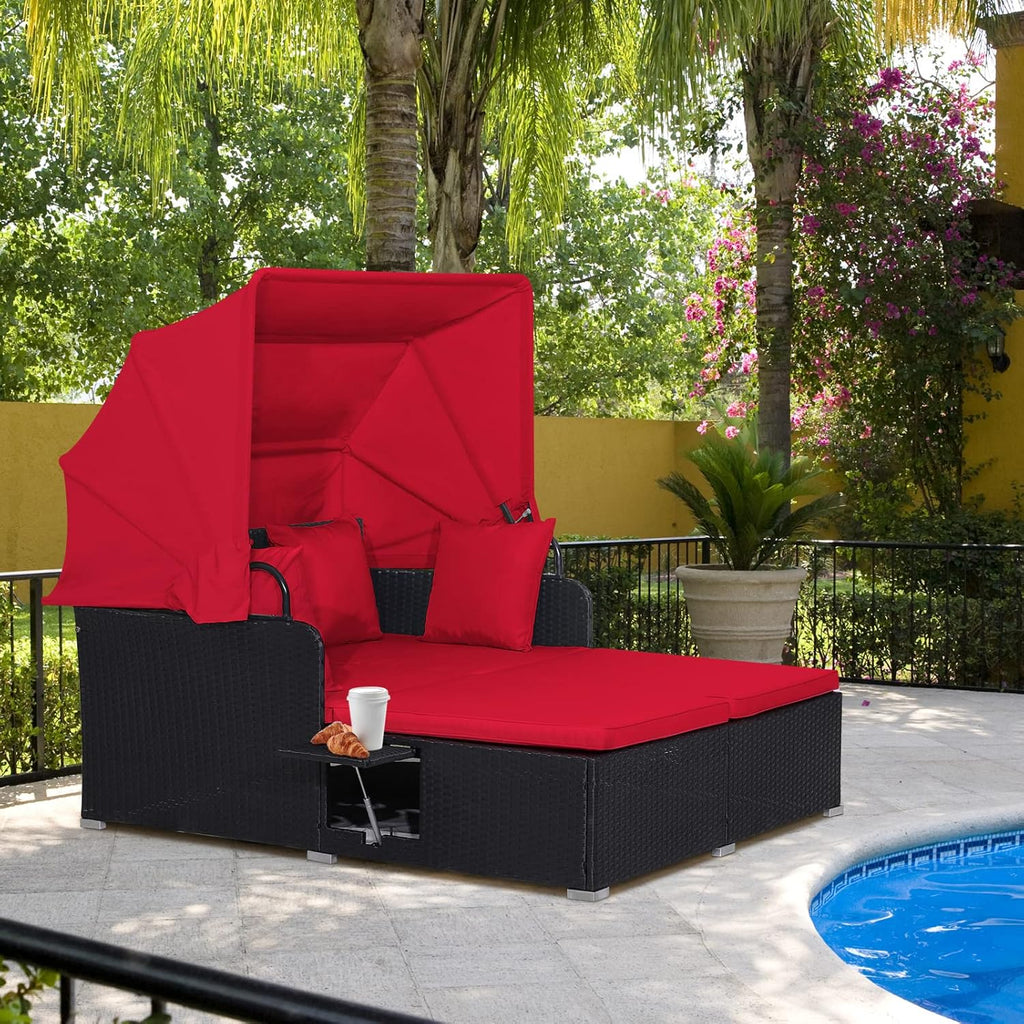 RELAX4LIFE Patio Daybed With Canopy, Cushions, 4 Pillows And 2 Side Trays, Turquoise - B0BYSN7GC7
