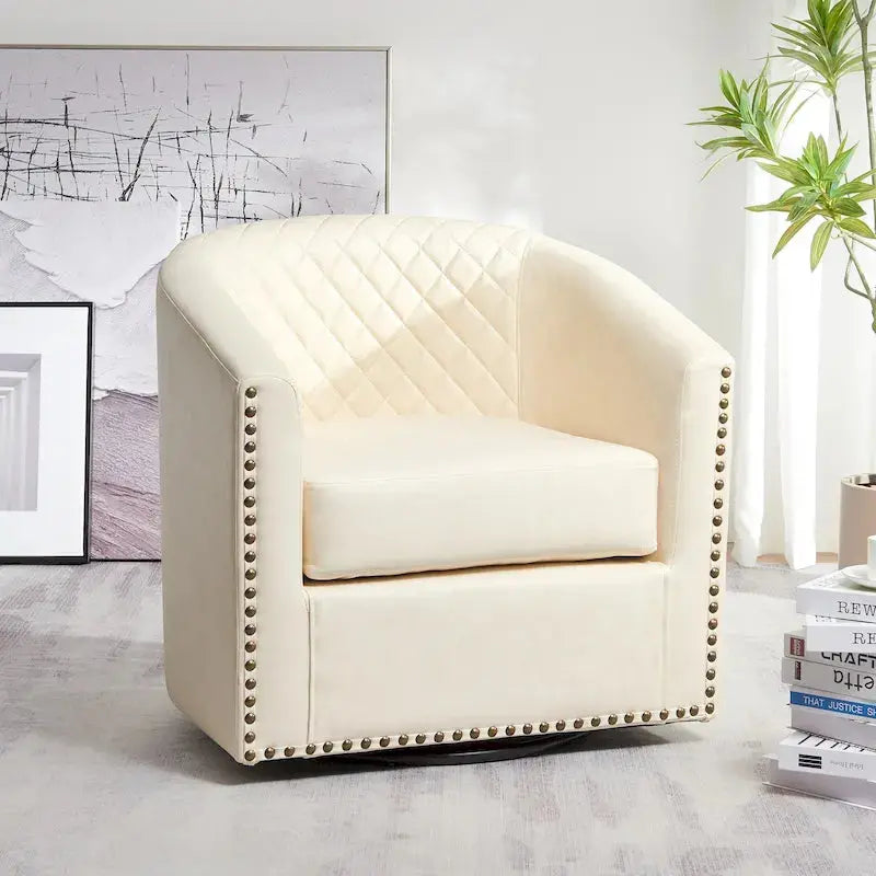 KINWELL Swivel Barrel Chair, 29 in Wide Tufted PU Leather - 360 Degree Rotation