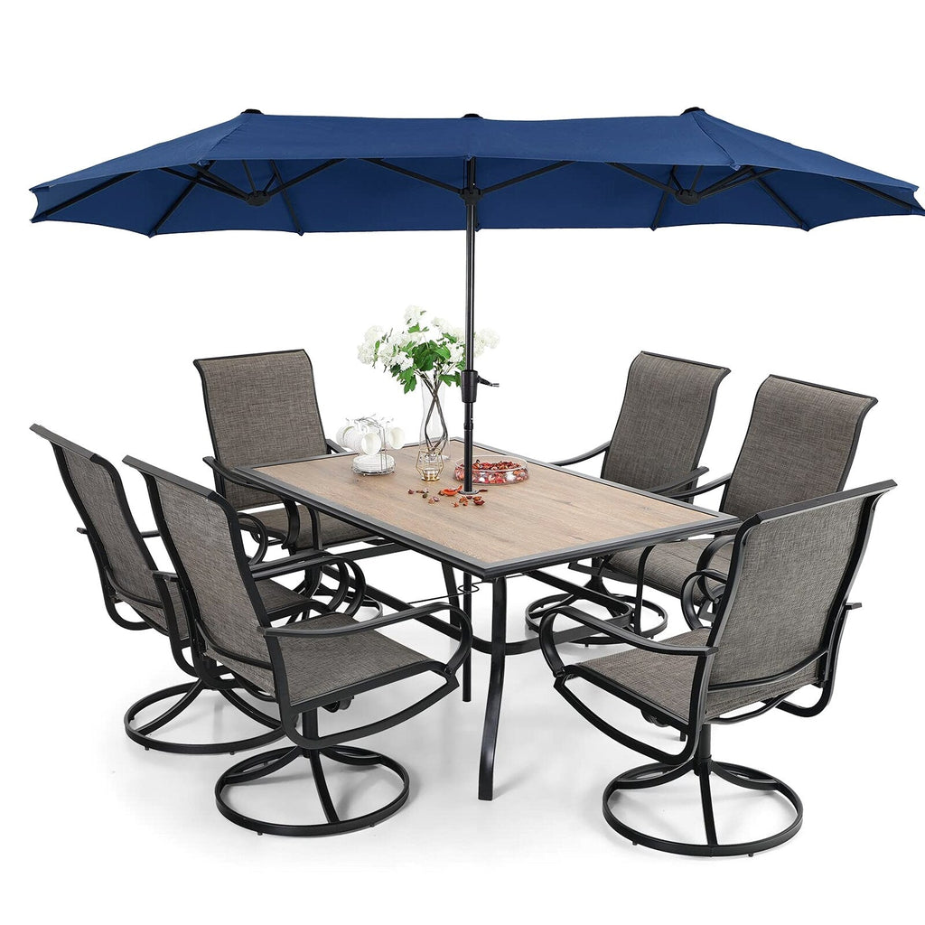 8-Piece Patio Dining Set With Umbrella And 6 Sling Dining Swivel Chairs