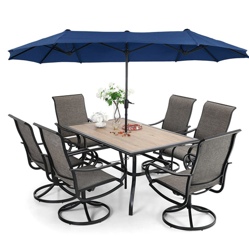 8-Piece Patio Dining Set With Umbrella And 6 Sling Dining Swivel Chairs