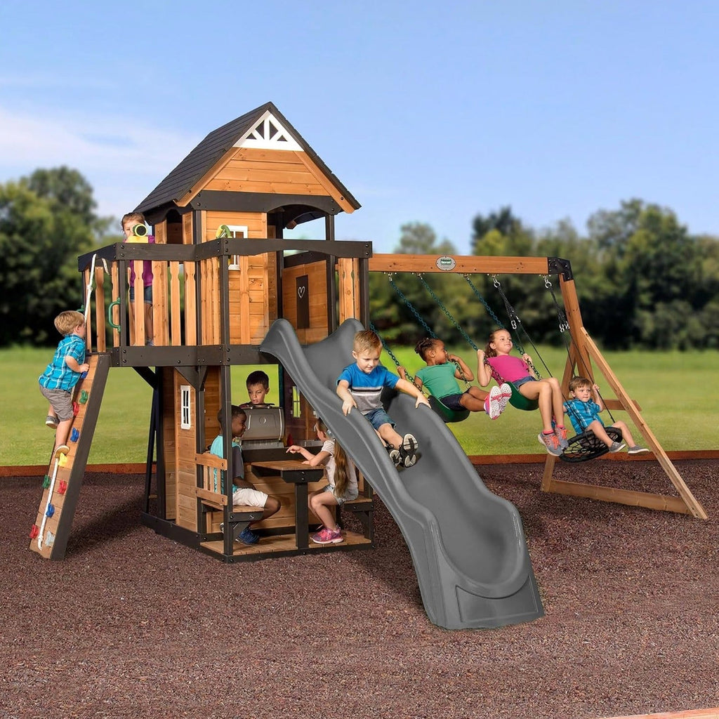 Backyard Discovery Canyon Creek Cedar Wood Swing Set With 8-Foot Wave Slide, Clubhouse And Play Kitchen
