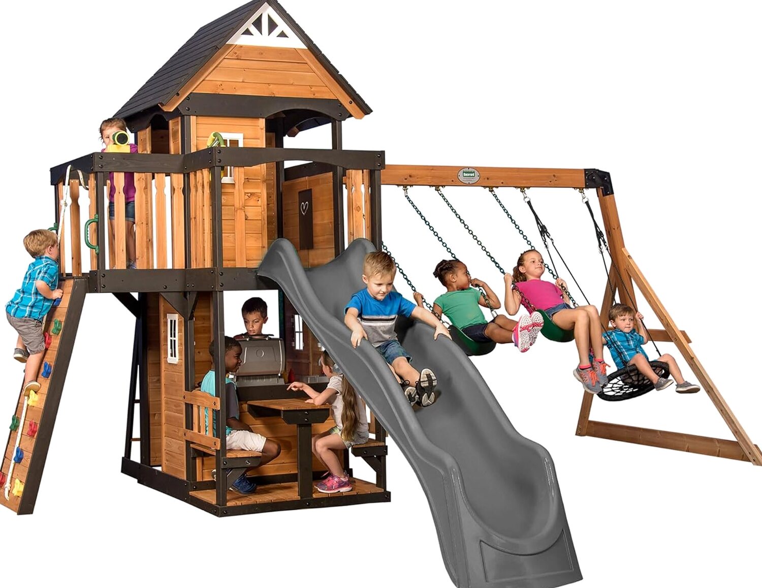 Backyard Discovery Canyon Creek Cedar Wood Swing Set With 8-Foot Wave Slide, Clubhouse And Play Kitchen