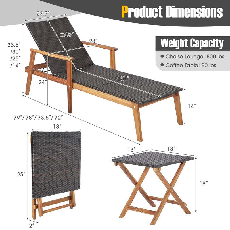 Acacia Wood Rattan Patio Chaise Lounge Chair Set With Folding Side Table
