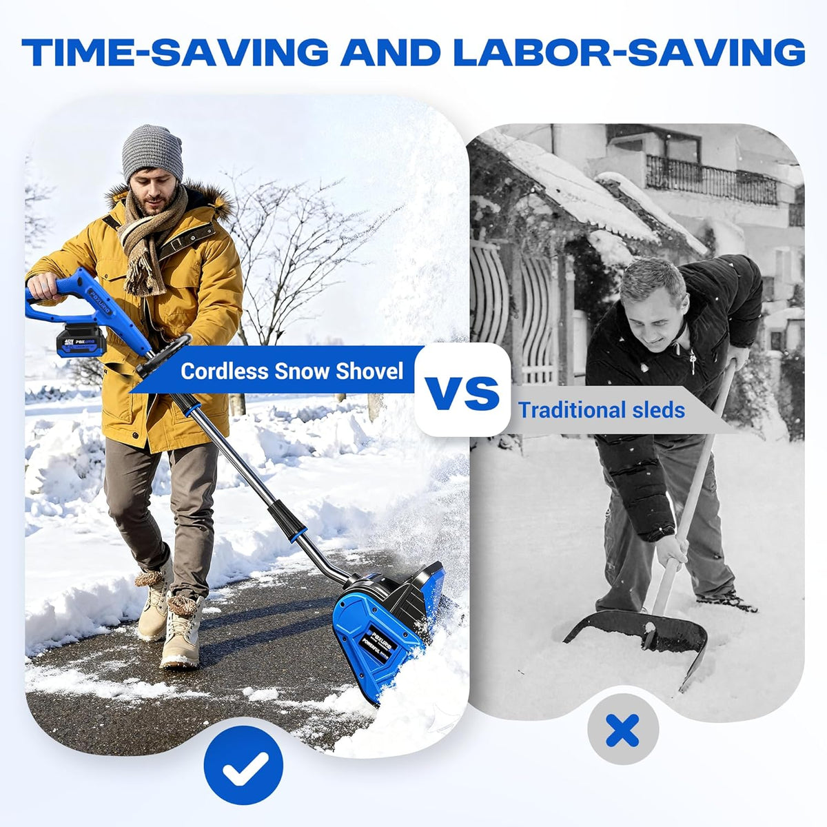 POXURIO 40V Cordless Snow Shovel, 13 Inch Width, 6 Inch Depth, 2 x 4.0Ah Batteries