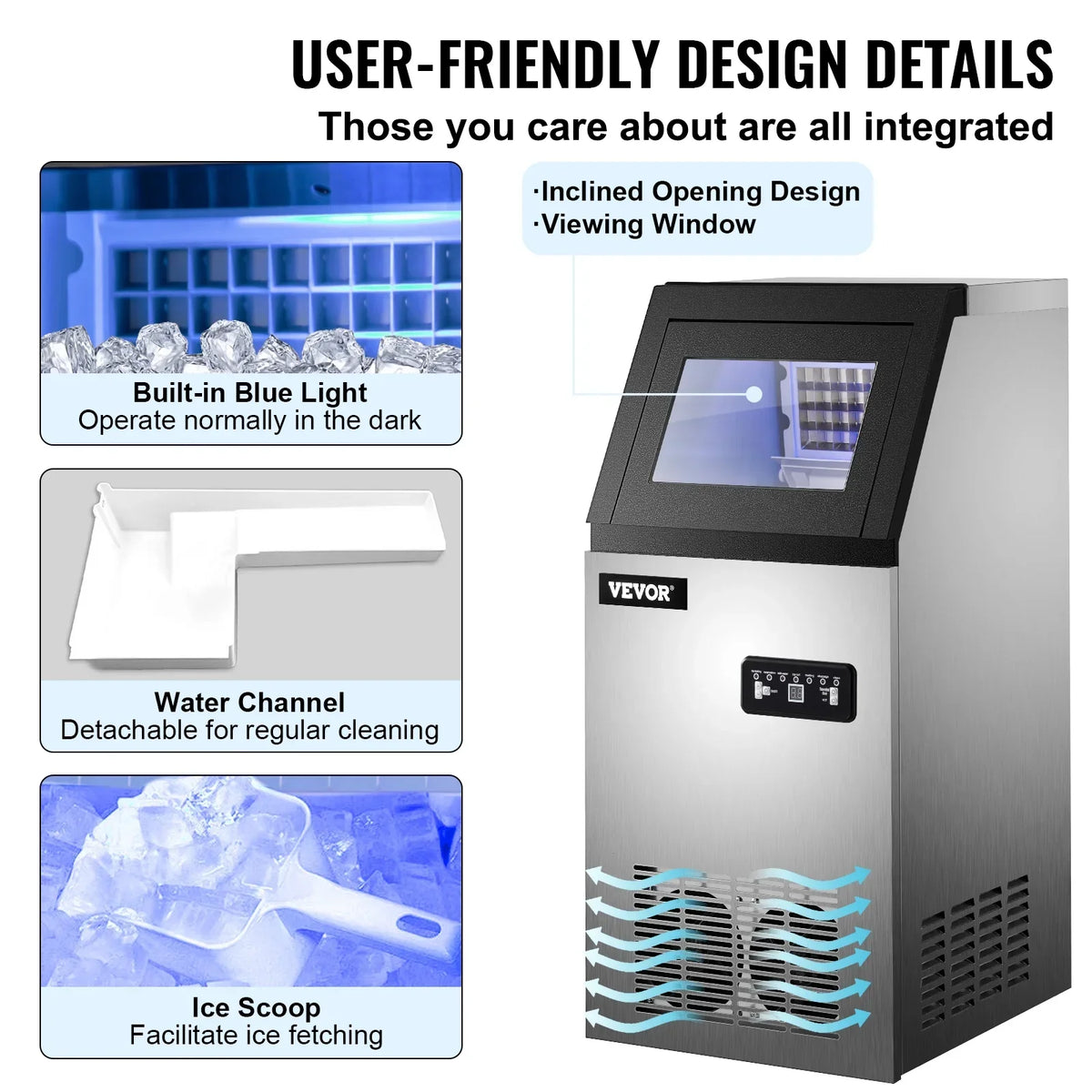 SKYSHALO 110V Commercial Ice Maker, 120lbs/24h, 29lbs Storage, 5x9 Cubes, Stainless Steel