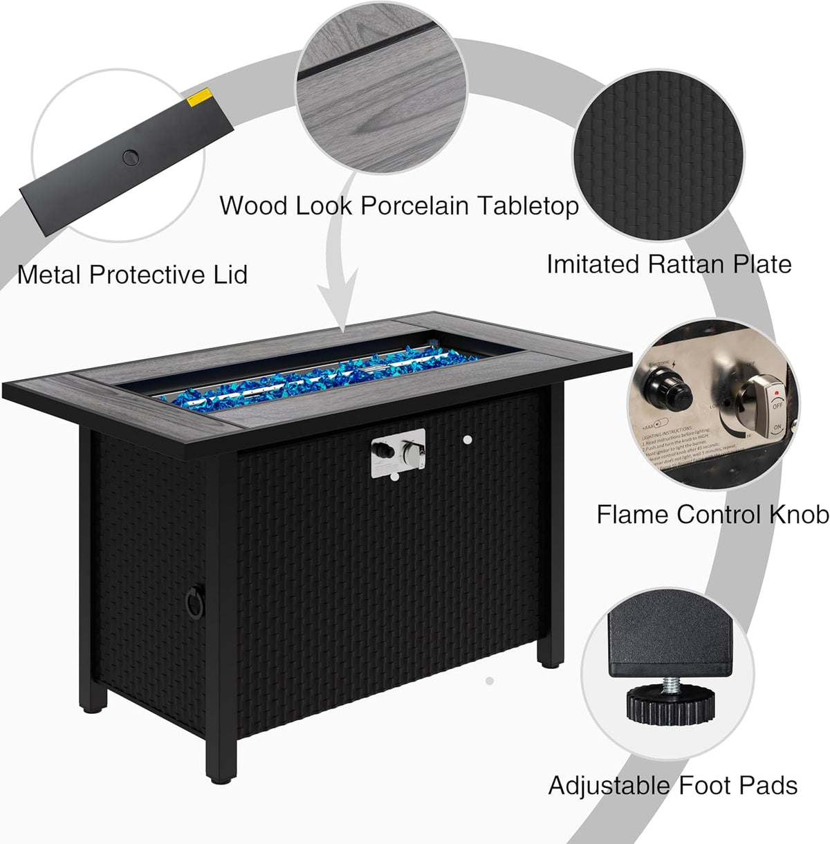 Meilocar 45in Propane Fire Pit Table, 50000 BTU, Gray Tabletop