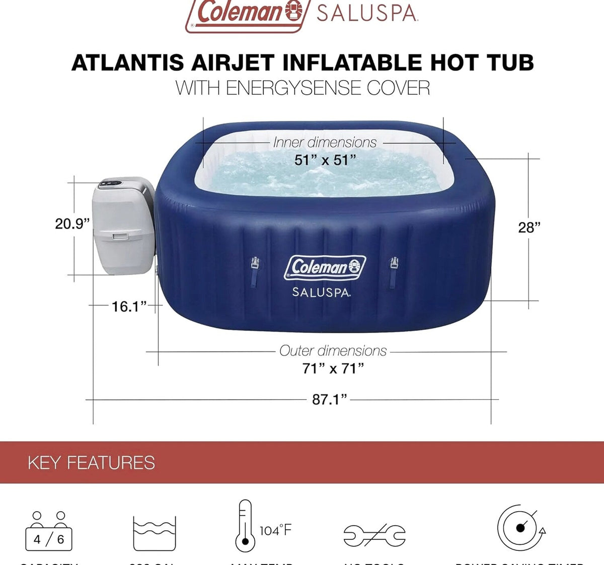 Coleman 4 To 6 Person Square Inflatable Hot Tub With 114 AirJets, Gray - 15442