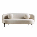Beige Linen-Blend Curved 3-Seater Sofa With Ball Cushions, W 81.9 x D 37 x H 30.7 in - A120