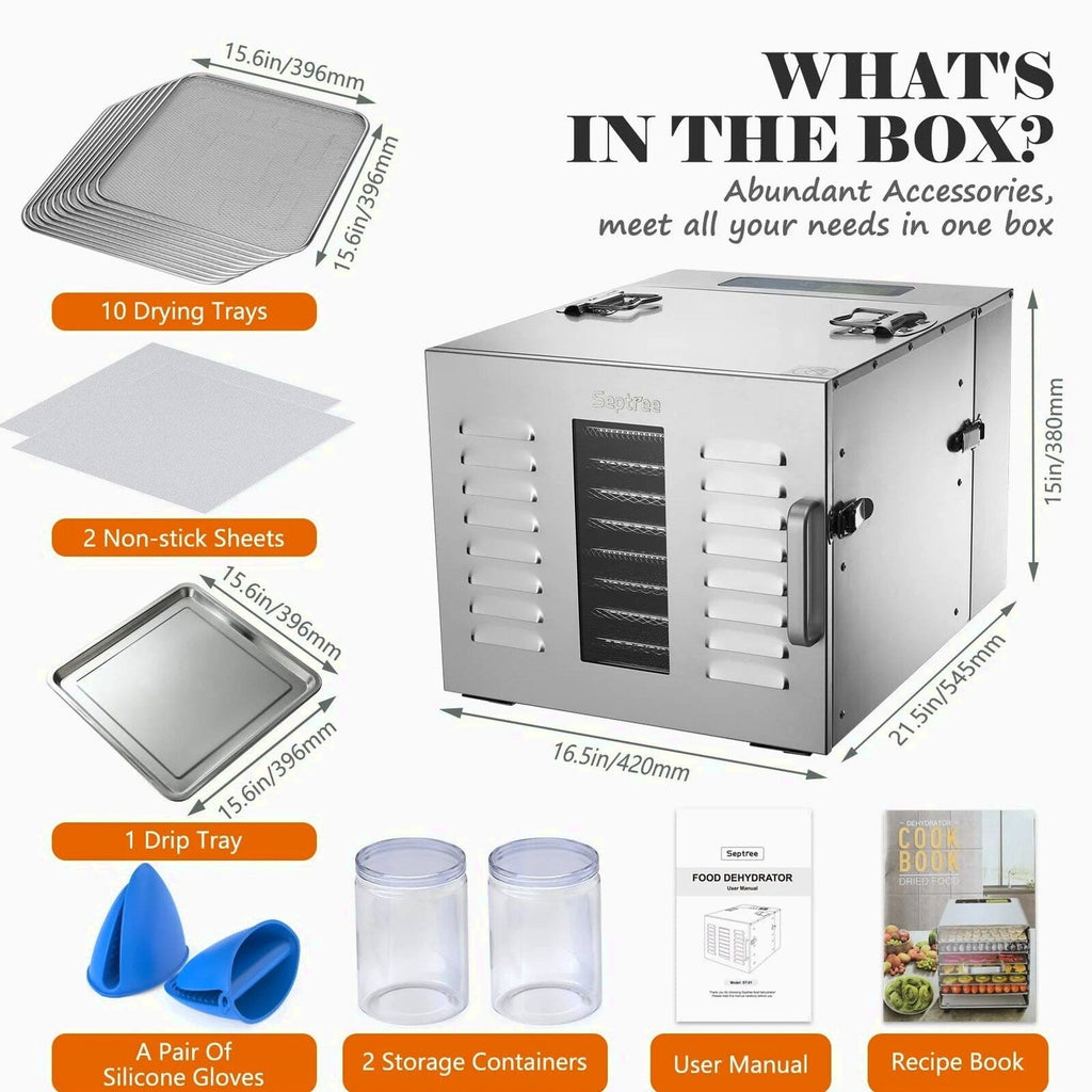 Septree Commercial Food Dehydrator With 10 Stainless Steel Trays - 15.6 x 15.6in