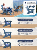 KINGYES Folding Adjustable HDPE Adirondack Recliner Chair With Retractable Ottoman And Cup Holder - Blue