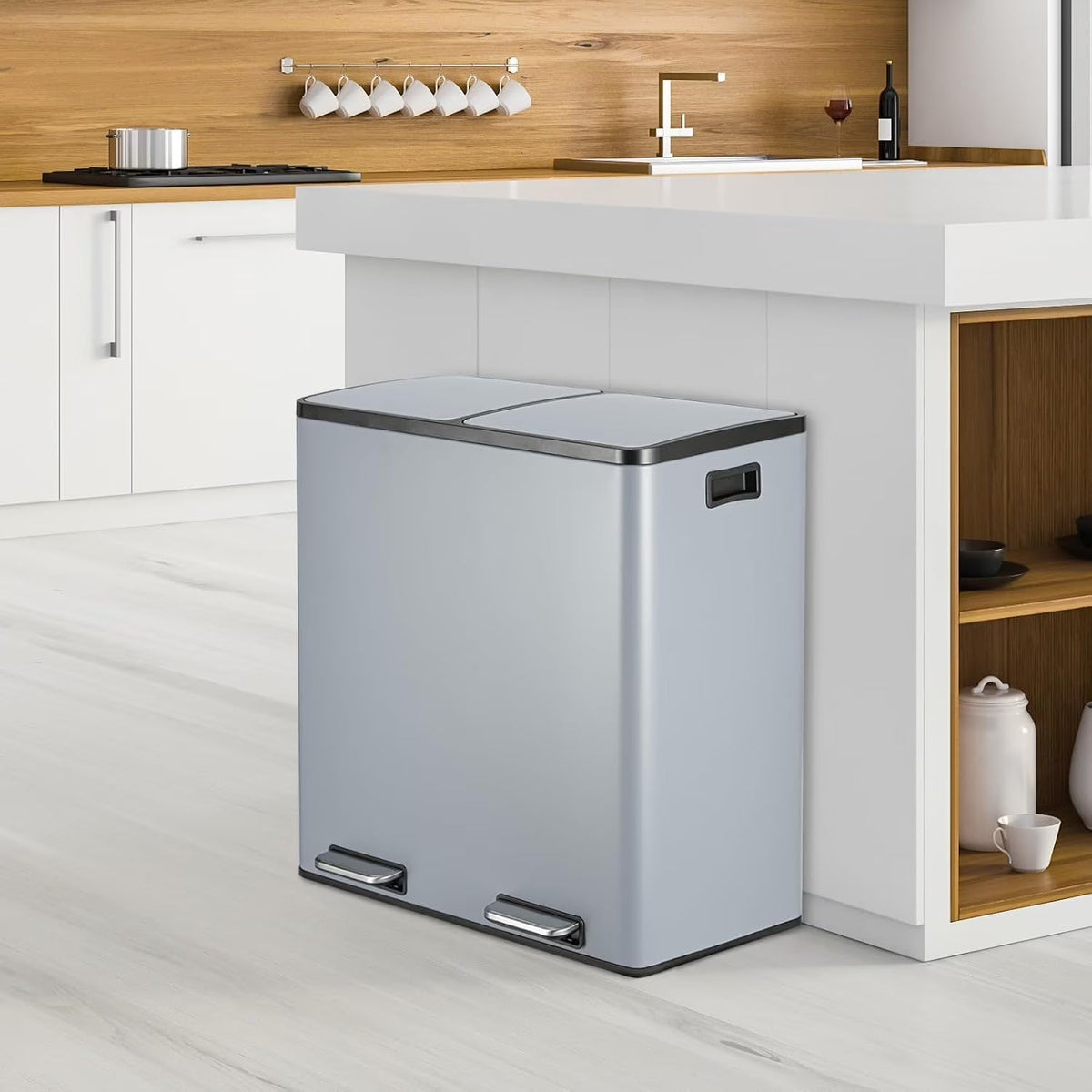 Arlopu Dual Kitchen Trash Can, 60 L/16 gal, Stainless Steel, Black
