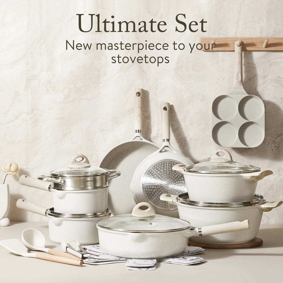 Carote 21-Piece Nonstick Granite Cookware Set, Induction Compatible, Beige