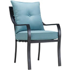 Hanover Lavallette 5-Piece Patio Dining Set With Ocean Blue Chairs, 52-Inch Round Glass Table, 9-Ft Umbrella And Base