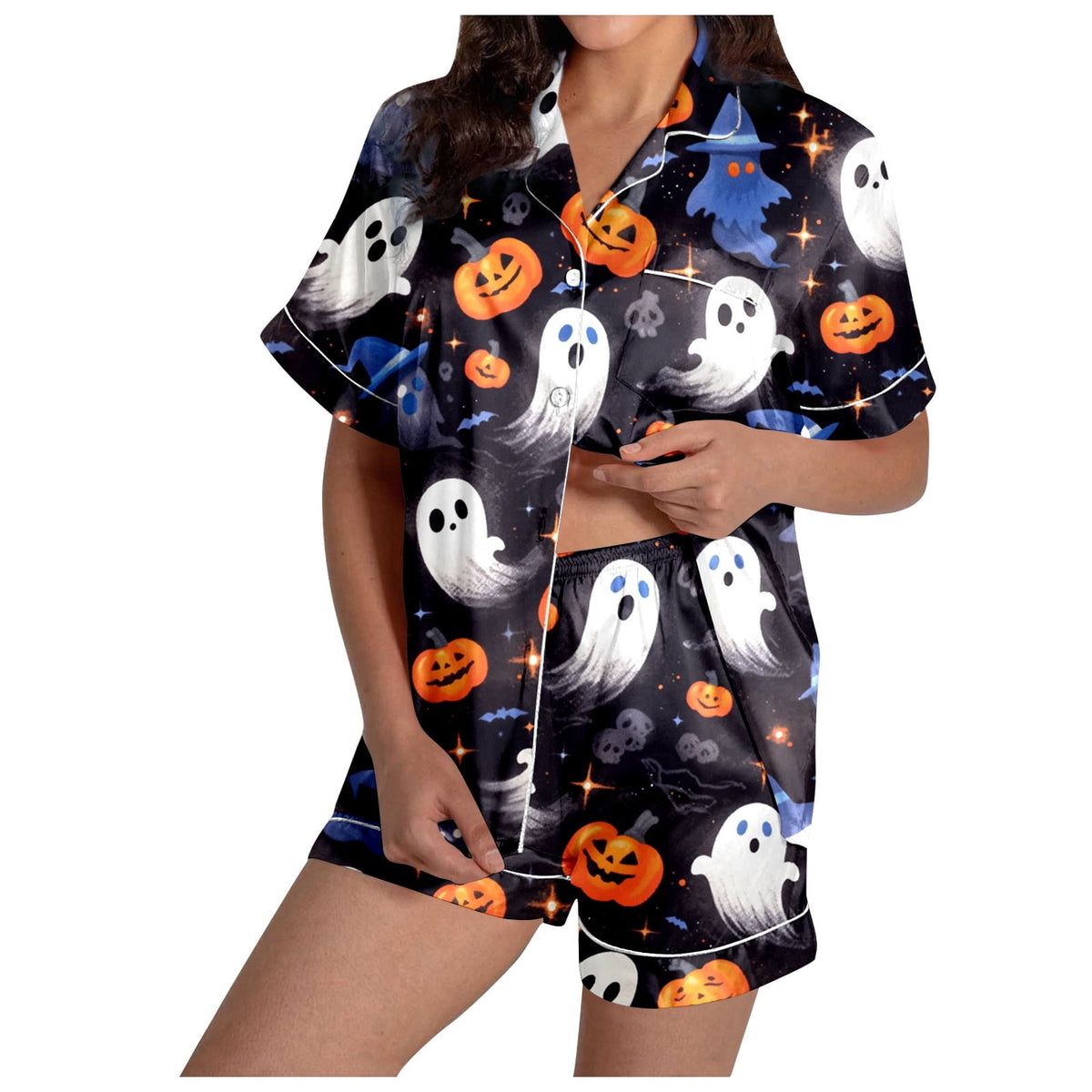 MEZZALL Women Halloween Printed Pajama With Lapel Collar Short Sleeve Tops And Shorts For Home Wear Cozy For Lightweight And Breathable Comfort Relaxed Fit 2 Piece Pjs