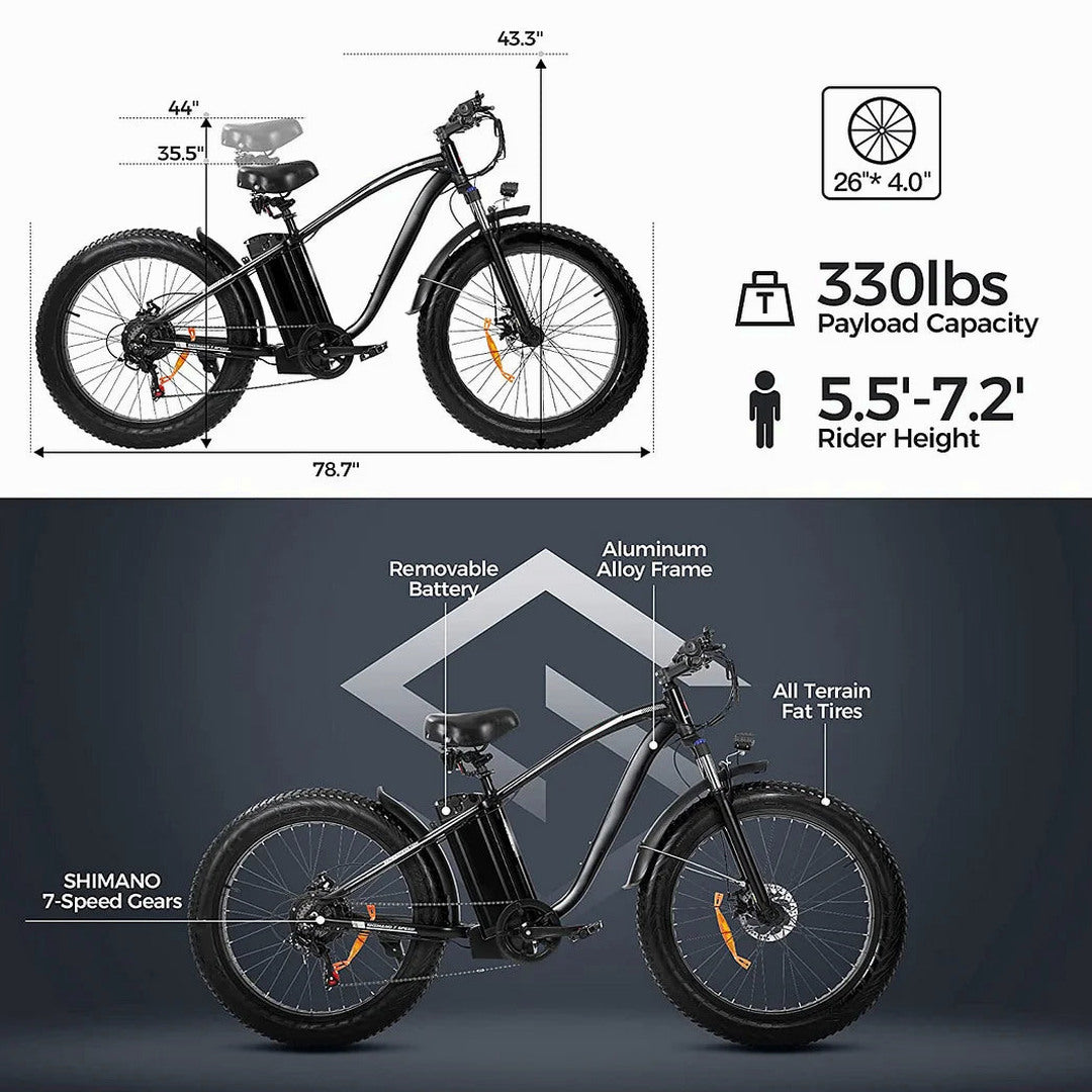 Electric Mountain Bike, 750W, 48V/15Ah Battery, Shimano 7-Speed, Black