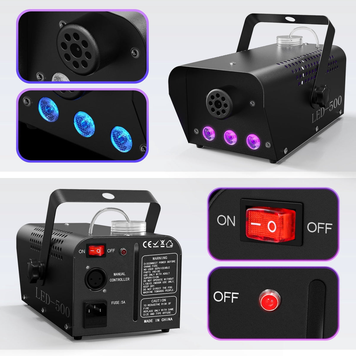 Halloween Fog Machine 500W RGB LED Smoke Machine Stage Lighting Effect with Remote Control for Halloween Wedding DJ Show Concert Bar Party