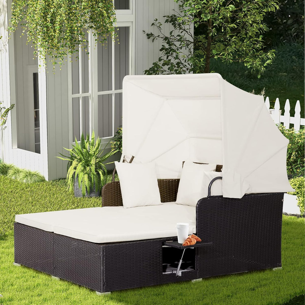 RELAX4LIFE Patio Daybed With Canopy, Cushions, 4 Pillows And 2 Side Trays, Turquoise - B0BYSN7GC7