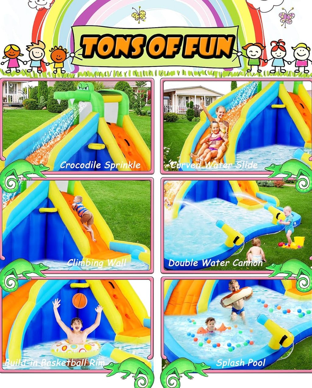 ROOJER 8-in-1 Kids Inflatable Bounce House Water Park With 450W Blower, 2 Water Cannons, Crocodile Sprinkler - B0C2HLK2R4