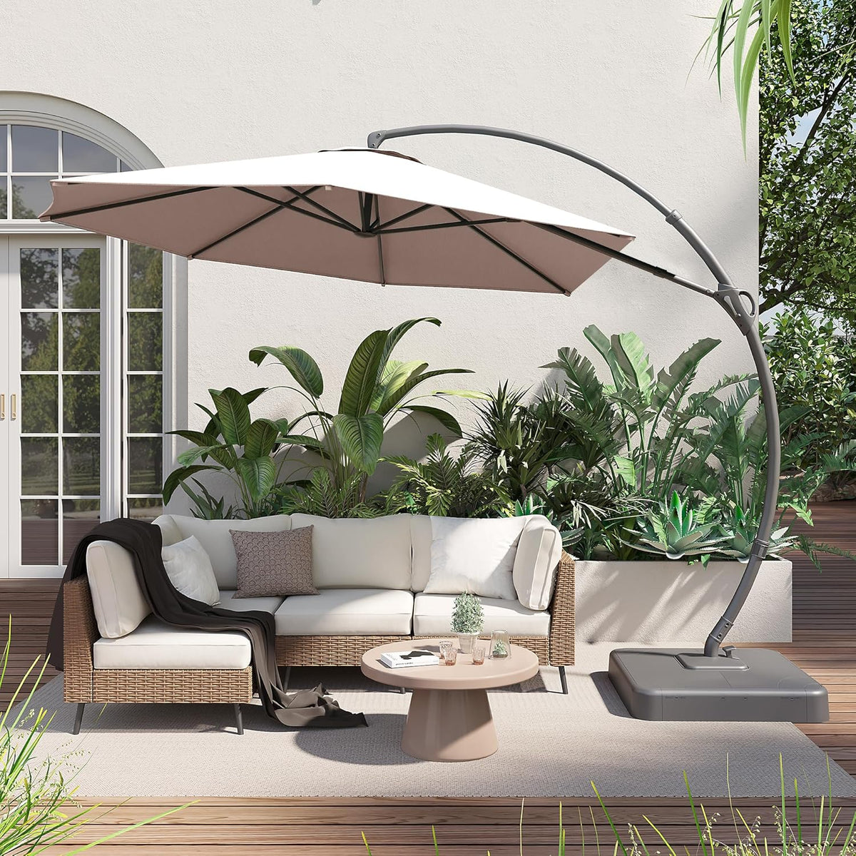 LAUSAINT HOME 11 FT Beige Curvy Cantilever Patio Umbrella With Base