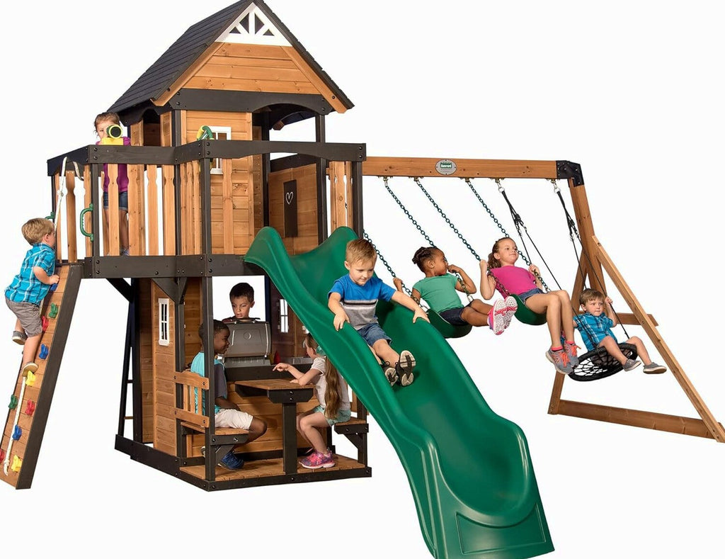 Backyard Discovery Canyon Creek Cedar Wood Swing Set With 8-Foot Wave Slide, Clubhouse And Play Kitchen