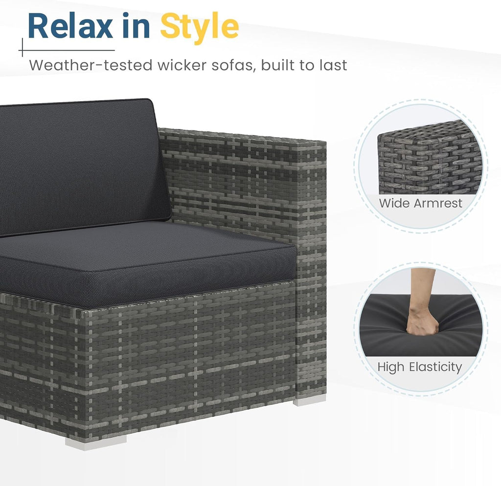 Wisteria Lane 5-Piece Outdoor Wicker Rattan Sectional Conversation Set With Cushions And Glass Coffee Table - Grey