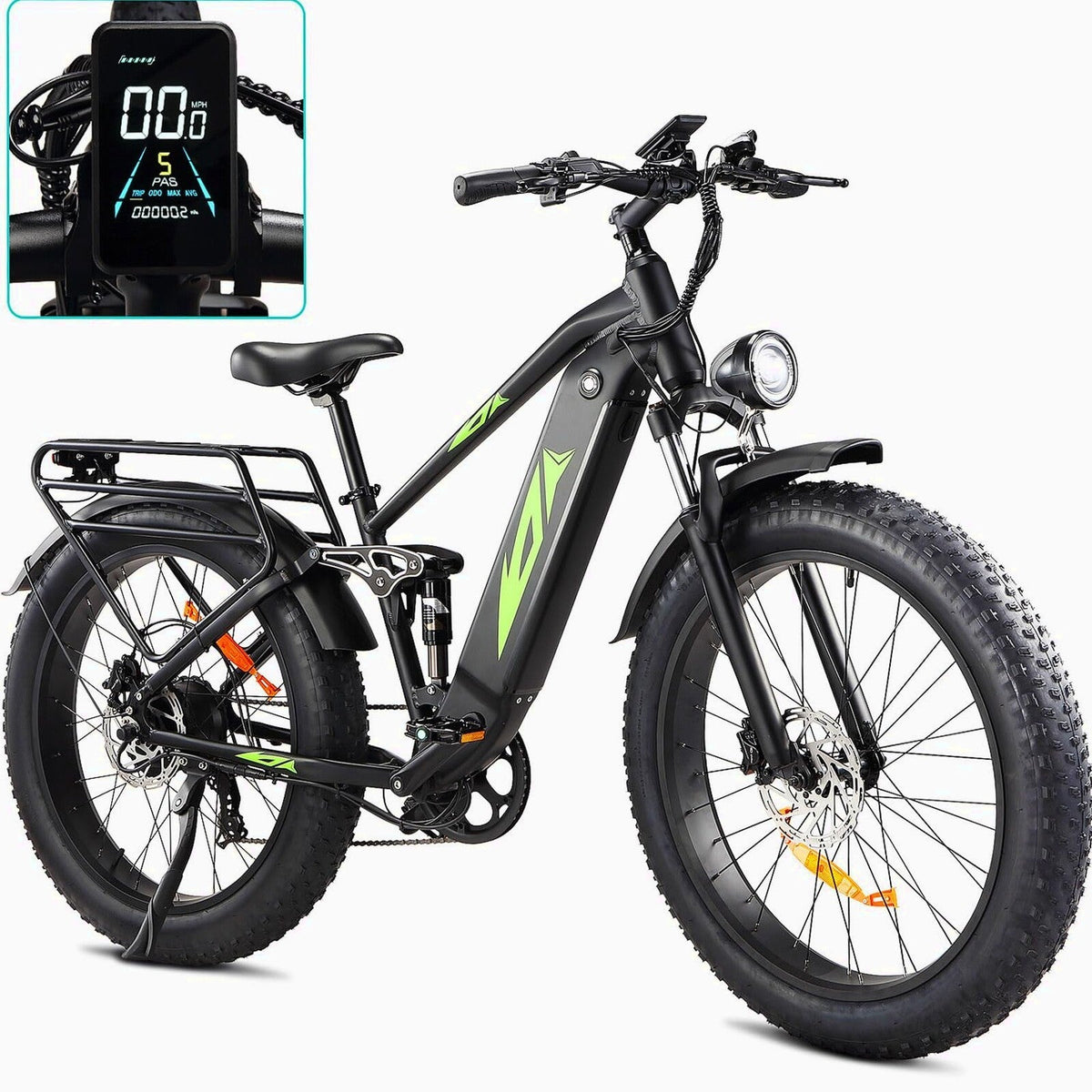 Adult Electric Bike 1000W 48V 17.5AH, 26 Fat Tire, Full Suspension, 28MPH, 7 Speed, 60Miles Range, Black