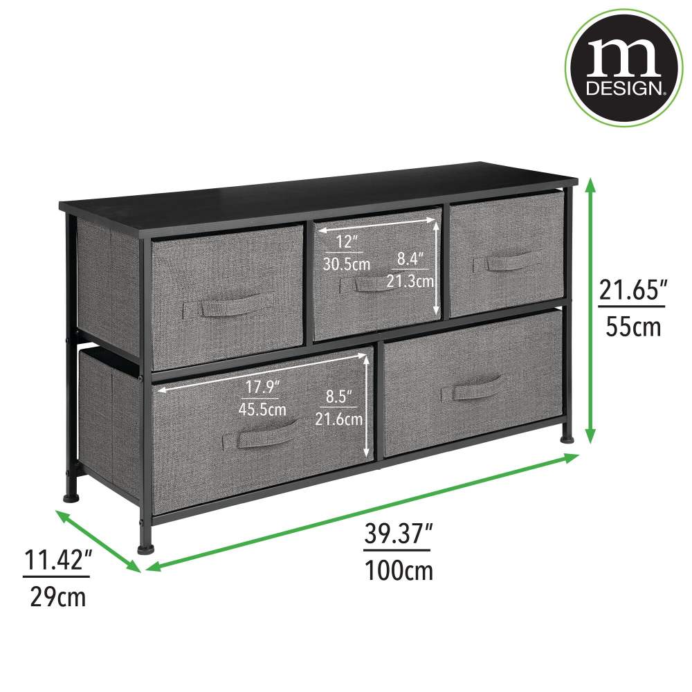 mDesign Wide Storage Dresser With 5 Removable Fabric Drawers - Dark Gray