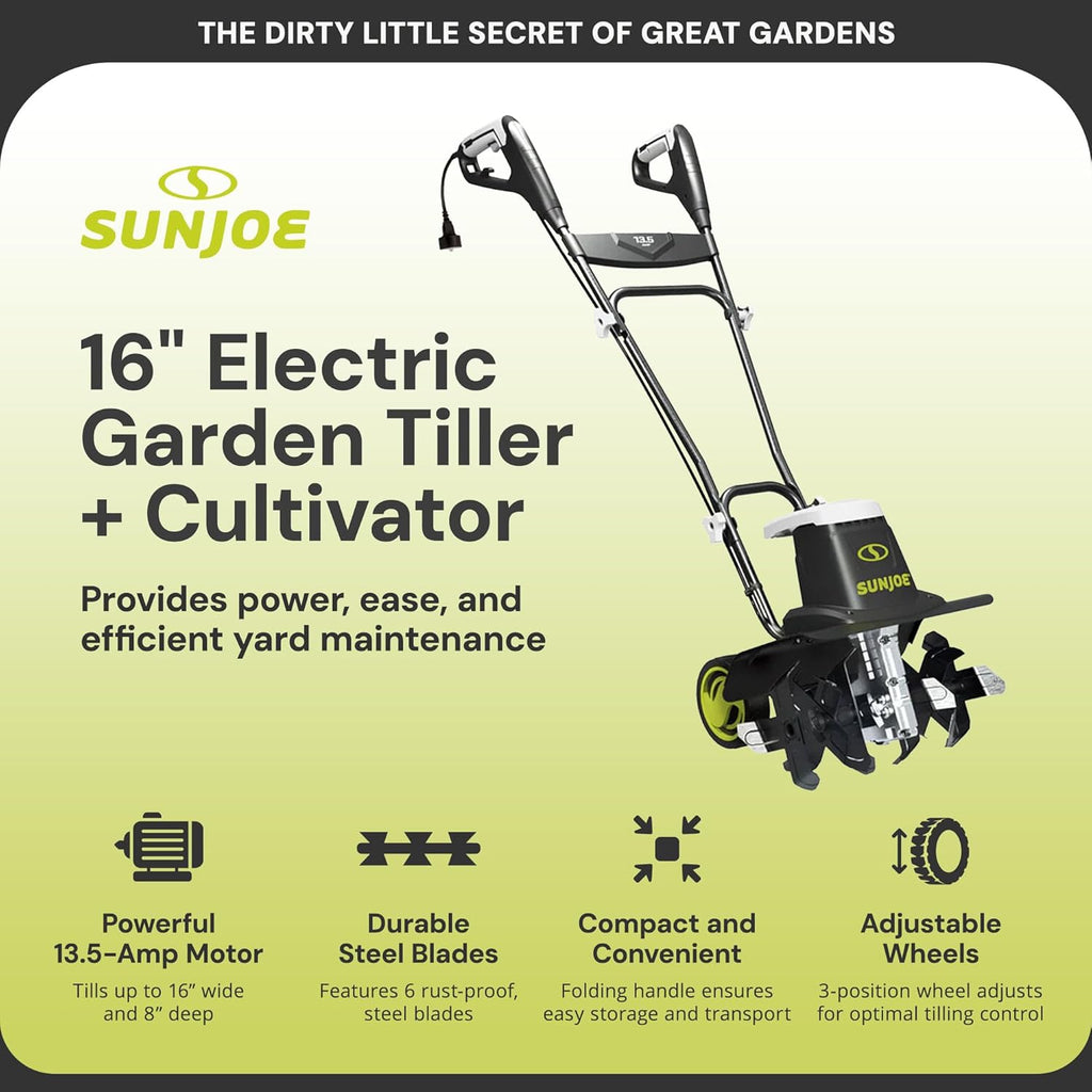 Sun Joe Corded Electric Garden Tiller And Cultivator With Steel Tines, 16 Inch, 13.5-Amp - TJ604E