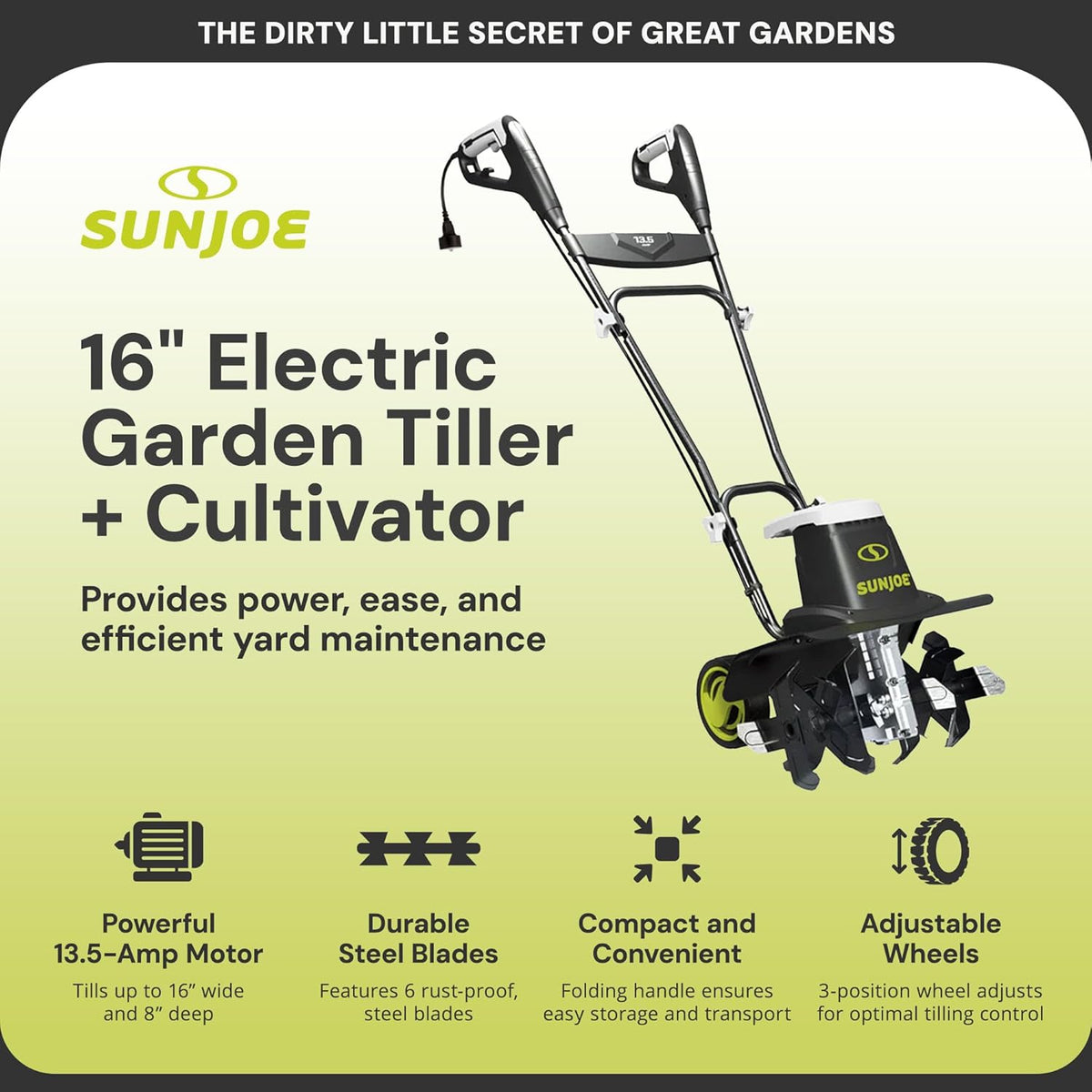 Sun Joe Corded Electric Garden Tiller And Cultivator With Steel Tines, 16 Inch, 13.5-Amp - TJ604E