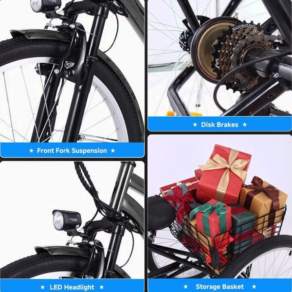 26 Inch Adult 3 Wheel Electric Tricycle With Basket, Fat Tires, 7 Speeds, 350W Motor, 36V 10Ah Battery - BICYCLE