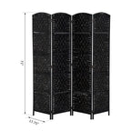 6 Ft Tall Four-Panel Wicker Weave Room Divider, Black Wood Privacy Screen