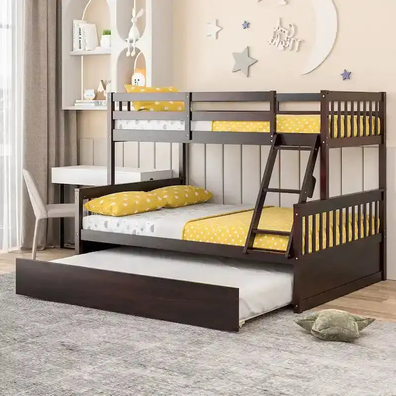 Gymax Twin-Over-Full Bunk Bed With Convertible Twin Trundle - Espresso/White