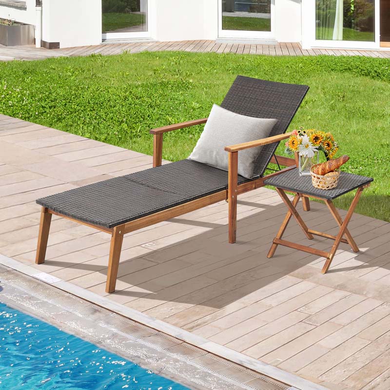 Acacia Wood Rattan Patio Chaise Lounge Chair Set With Folding Side Table