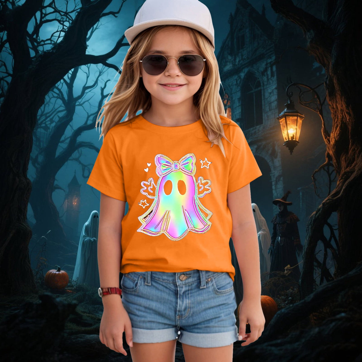 CAUYDY Halloween Ghouls Ghost Retro Girl Kids T-Shirt Graphic Tshirt Little Kids Fall Short Sleeve Tee Tops(Orange, 8-9 Y)