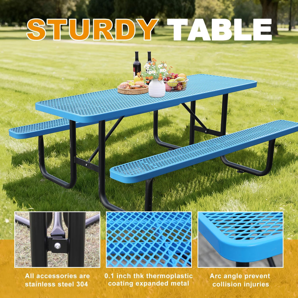 Rectangular Picnic Table, 4ft, Blue, Metal Mesh, Thermoplastic Coated Steel