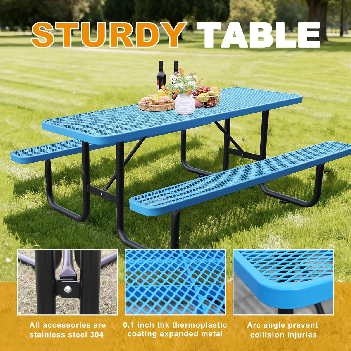 Rectangular Picnic Table, 4ft, Blue, Metal Mesh, Thermoplastic Coated Steel