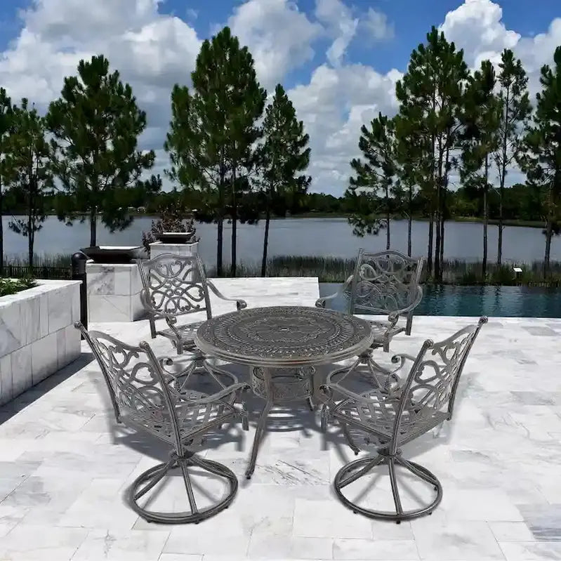Cast Aluminum 5-Piece Patio Dining Set With 4 Swivel Chairs And Tempered Glass Table - Brown Or White