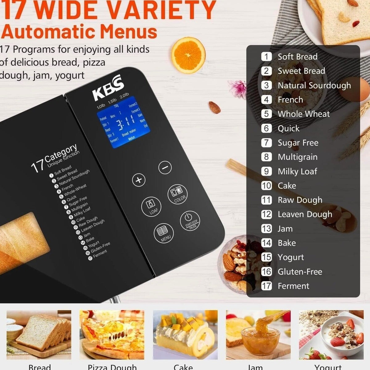 KBS 17-in-1 Stainless Steel Bread Machine, 710W, 2 lb - Dual Heaters