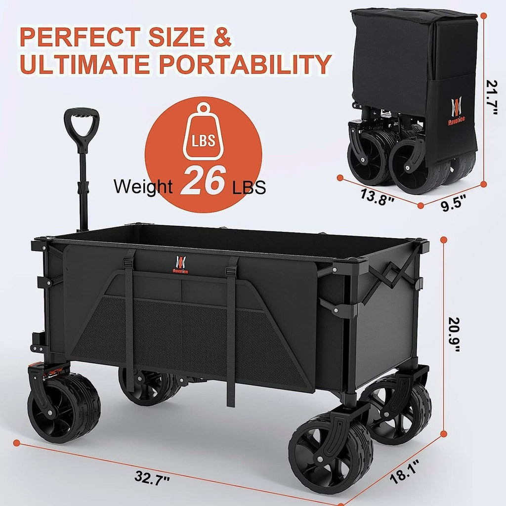 Navatiee Collapsible Folding Utility Wagon Cart With Big Wheels, Side Pocket And Brakes - T1