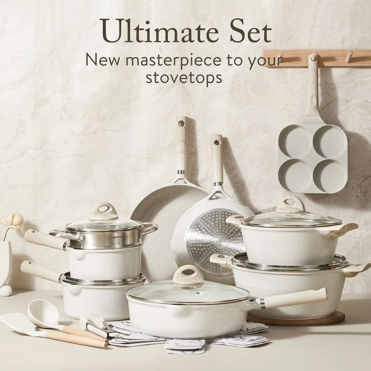 Nonstick Granite Cookware Set, 21 Pcs, Beige