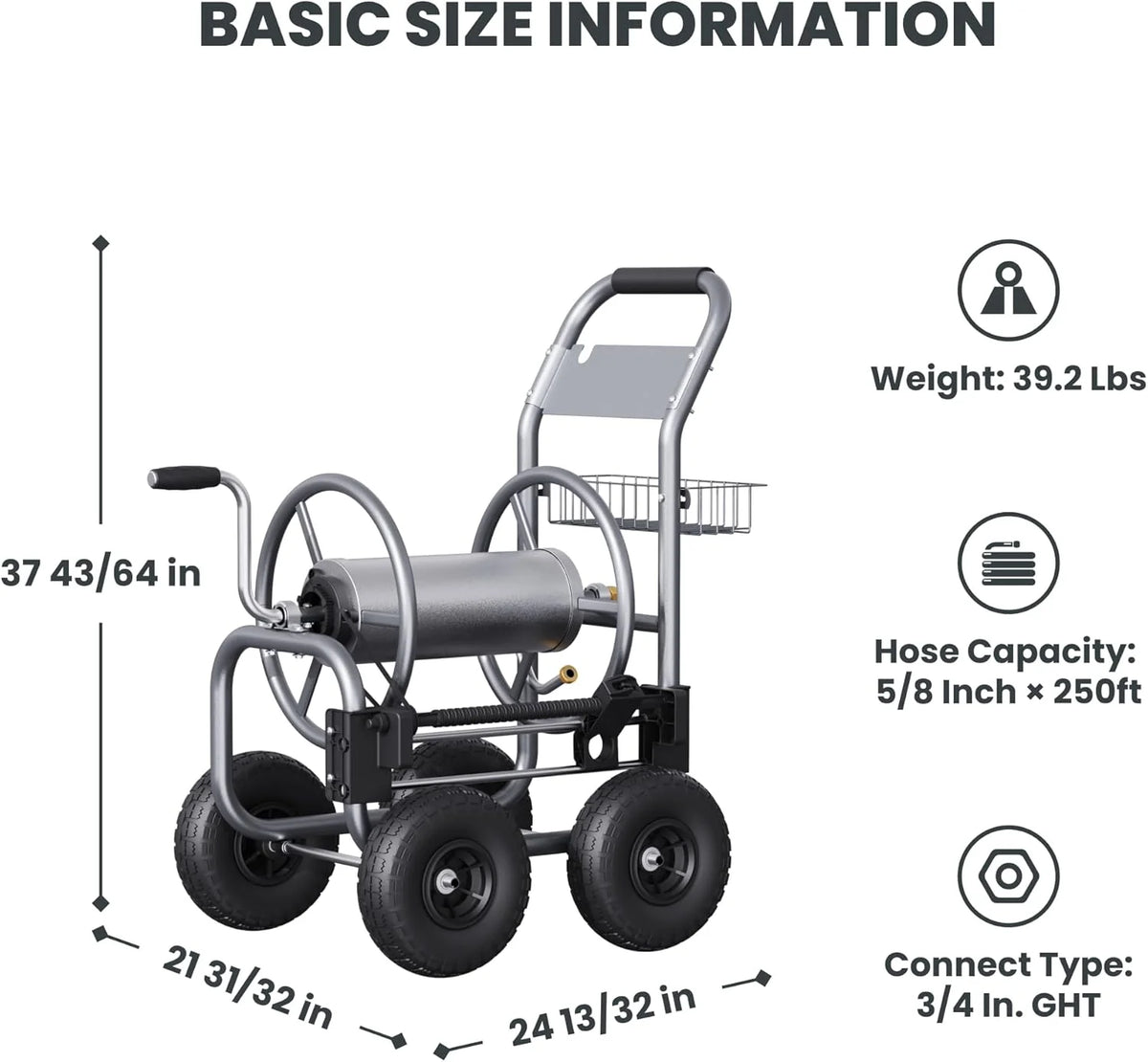 Giraffe Tools Heavy Duty Garden Hose Reel Cart With Wheels, 5/8in-250ft Hose Capacity