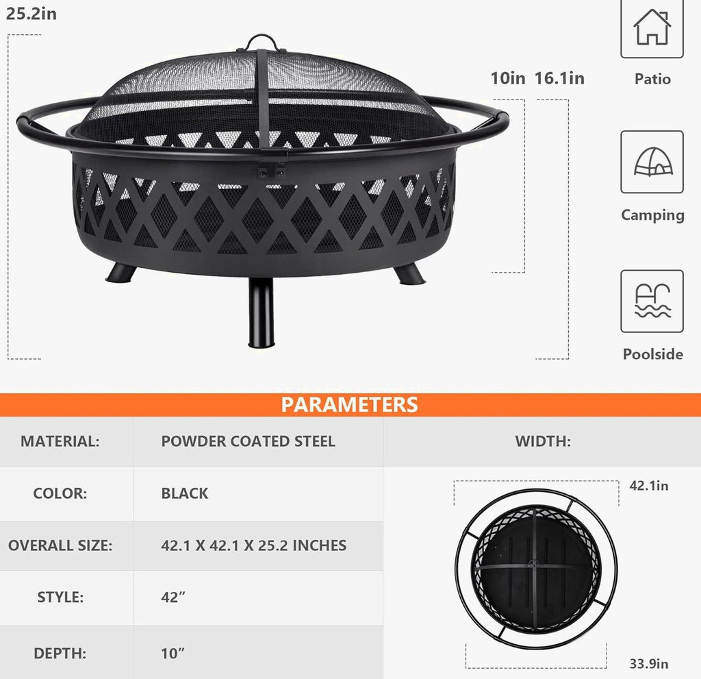 SUNCREAT 42 Inch Star Pattern Wood Burning Patio Fire Pit With Mesh Spark Screen And Poker, Black