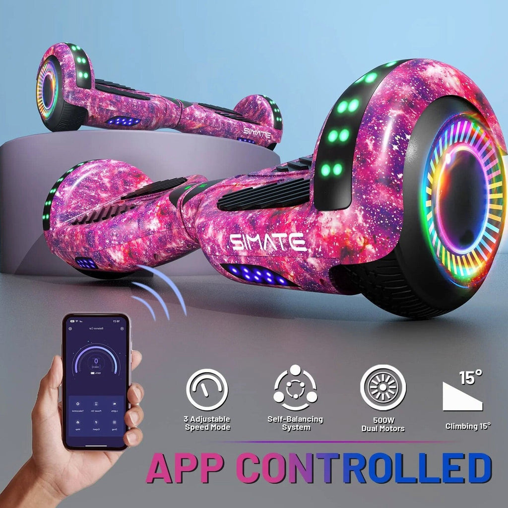 SIMATE 6.5in Self-Balancing Hoverboard With Bluetooth, LED Lights, Galaxy Purple - SIMATE Hoverboard
