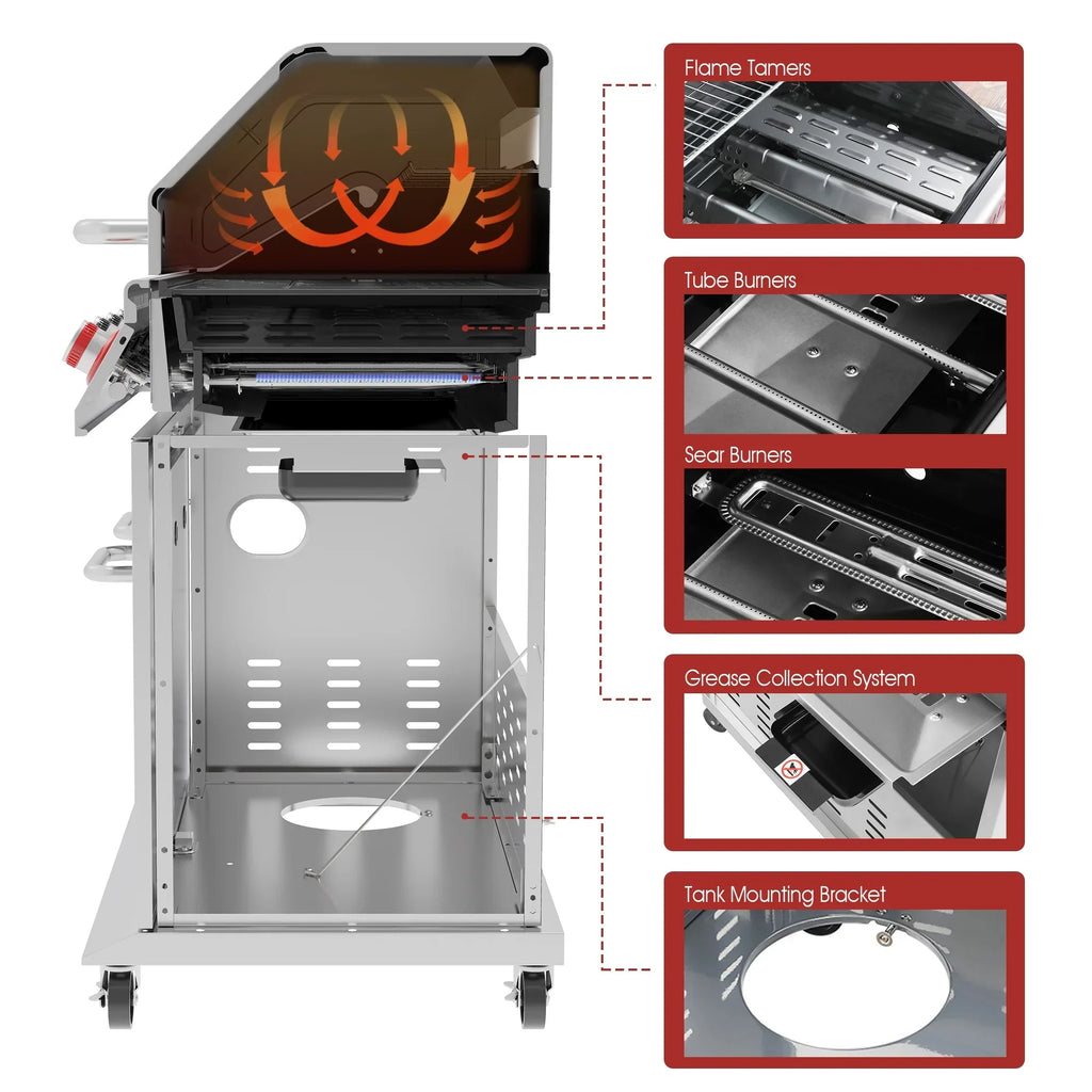 Royal Gourmet 5-Burner Gas Grill With Rotisserie Kit, Sear Burner And Side Burner, 64,000 BTU, Silver - GA5404S